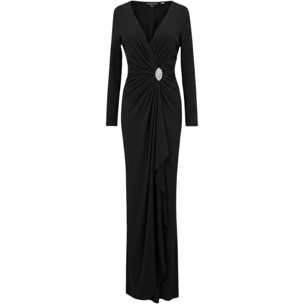 Lauren Ralph Lauren Evening Black Crystal Brooch Long Sleeve Gown Dress 14
